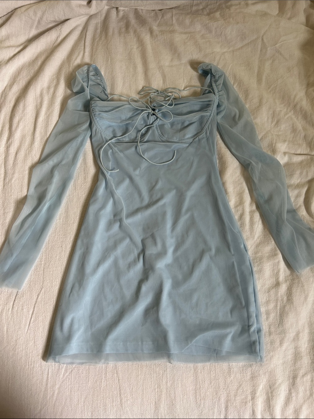 Light Blue Mesh Long-Sleeve Mini Dress